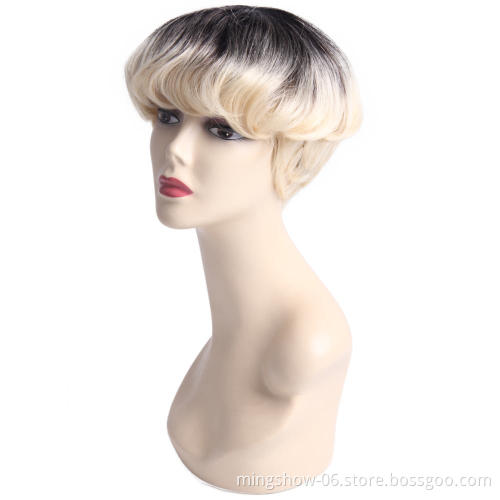 Heat resistant synthetic lace front wig, invisible synthetic hair wig short